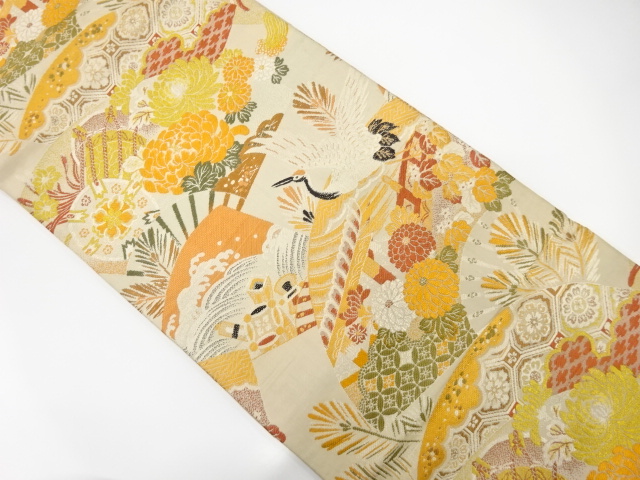 JAPANESE KIMONO / ANTIQUE MARU OBI / WOVEN CRANE & FLOWER